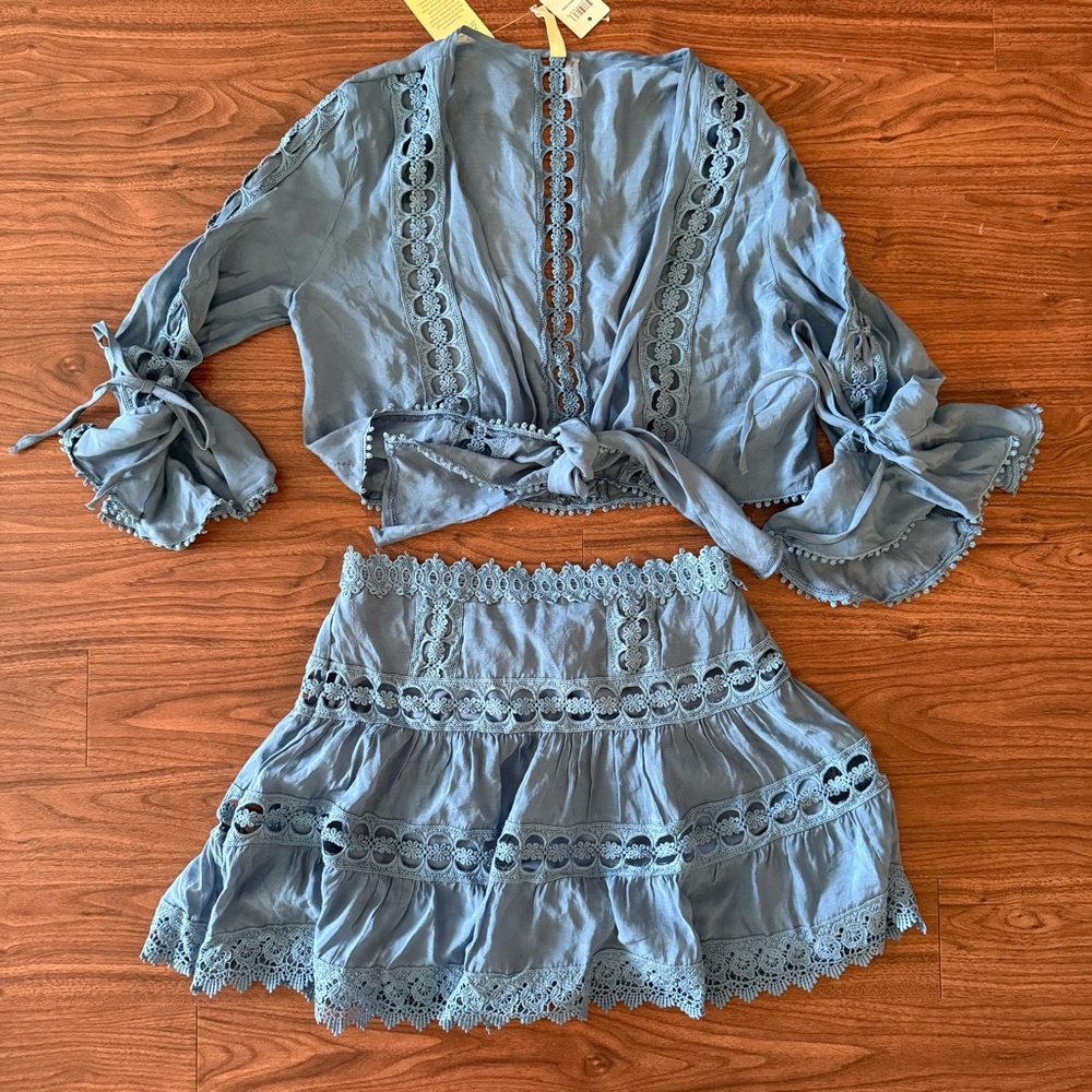 Elan Blue Embroidered Skirt Set